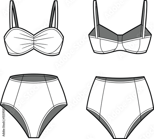 Elegant Women's High-Waisted Bikini Set with a Sweetheart Bra Top, a Chic Swimwear Apparel Technical Flat Drawing