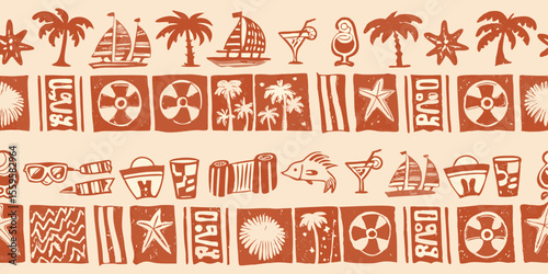 Hand Drawn Summer Beach Vacation Icons Seamless Pattern in Brown