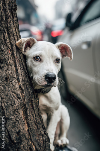 dog tied on a tree in the street while being abandoned by its owner in a car