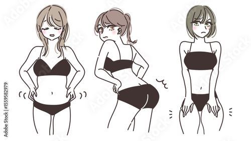 足お腹お尻を気にする女性のイラストセット