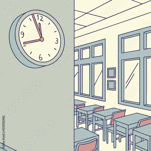 A classroom scene with a clock on the wall showing nearly nine oclock and rows of empty desks and chairs with a large window in the background