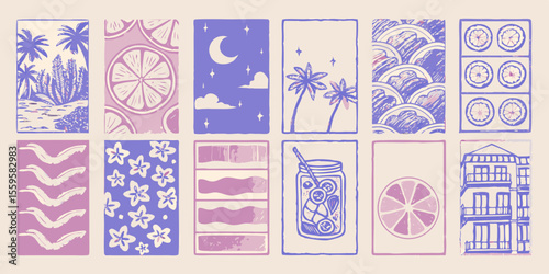 Hand Drawn Summer Themed Illustrations in Purple and Beige Color Palette
