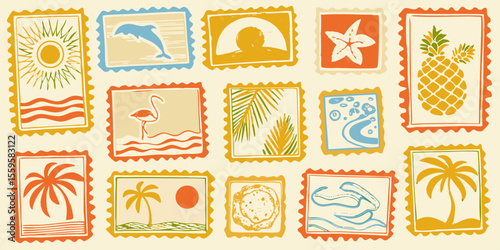 Collection of Vintage Summer Themed Postage Stamps with Tropical Elements