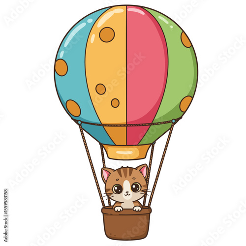 A cute cartoon cat rides a colorful polka dot hot air balloon in the sky.