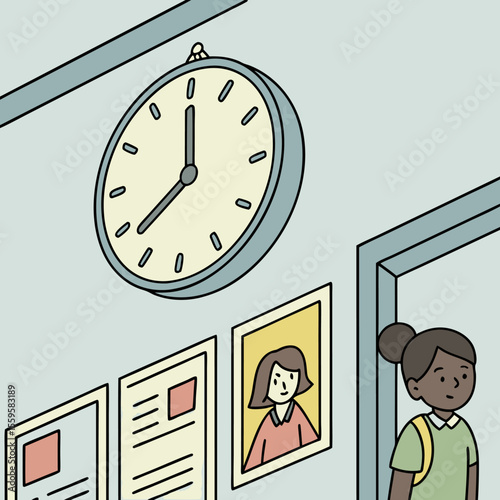 A young girl with dark skin and a backpack stands in a hallway near a wall clock and framed pictures suggesting a school or office environment