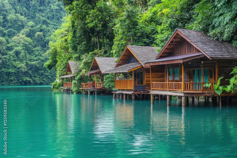 Naklejka premium Picturesque wooden houses on stilts along a tranquil river in a lush tropical environment, Traditional wooden houses on stilts along a calm river in a tropical forest