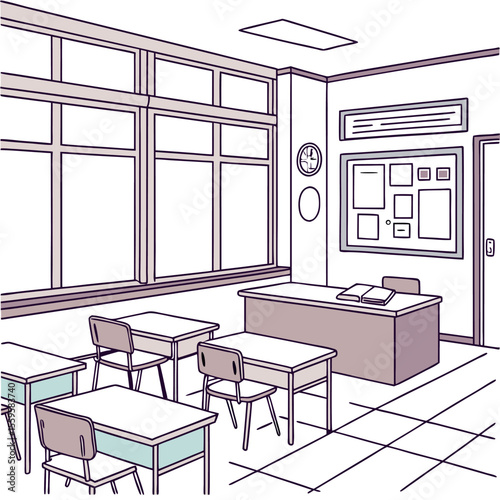 An empty classroom with rows of desks and chairs a teacher s desk a bulletin board a clock and large windows rendered in a simple line art style