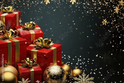 Luxurious 3D Christmas banner with red and gold gift boxes, snowflakes, and shiny golden ornaments