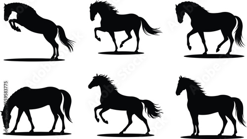 Detailed Horse Silhouette Vector Collection With Mother And Foal, Rearing And Running Scene