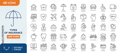 Types of insurance line editable icon set. Editable stroke. Vector illustration