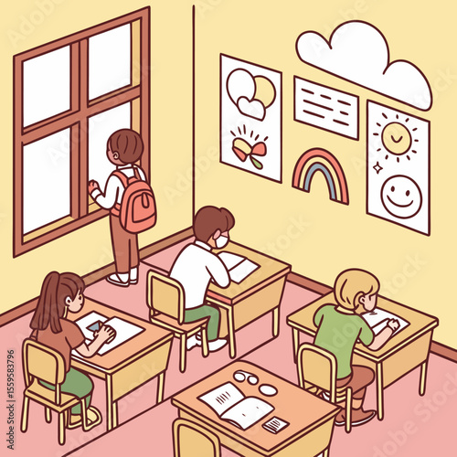 Children in a classroom setting one looking out the window while others are seated at desks some wearing masks with colorful artwork on the wall