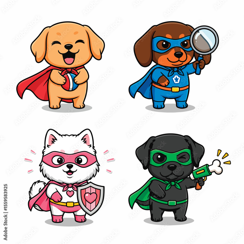 Fototapeta premium Four Adorable Superhero Dogs Ready for Action and Adventure