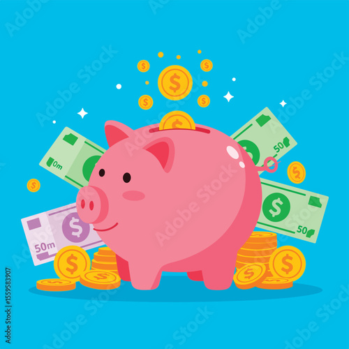 Piggy Bank Filled with Coins and Banknotes Symbolizing Financial Growth