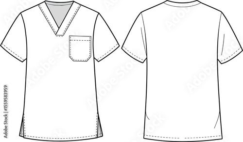 Professional Medical Scrubs Uniform with a V-Neck Top and Chest Pocket, a Healthcare Apparel Technical Flat Drawing Vector