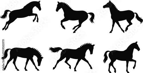 Horse silhouette vector set with jumping, trotting, walking, and grazing poses for animal, equestrian, and farm design