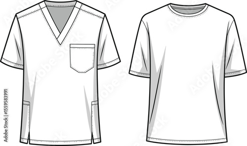 Professional Medical Scrubs Uniform with V-Neck Top and Chest Pocket, a Healthcare Apparel Technical Flat Drawing Vector