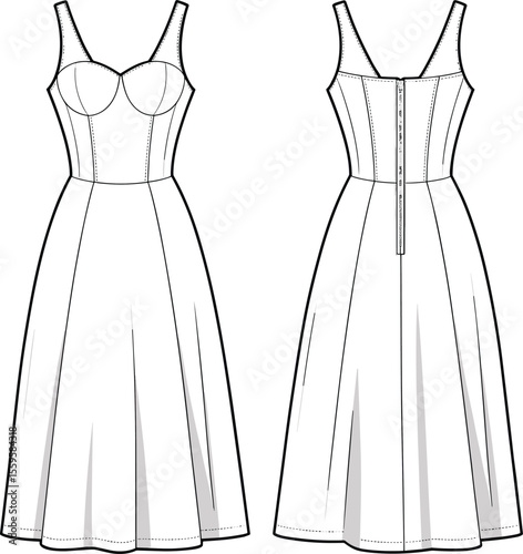 Elegant Women's A-Line Midi Dress with Sweetheart Neckline and Shoulder Straps, a Chic Fashion Apparel Technical Flat Drawing
