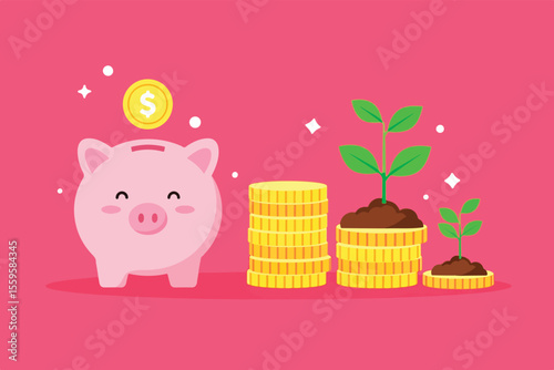 Piggy Bank Growing Money Coins Plants Wealth Investment Financial Growth Saving Concepts