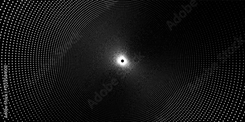 Modern abstract background. Halftone dots in circle shape. Spiral logo, icon or design element. White dots on black side.