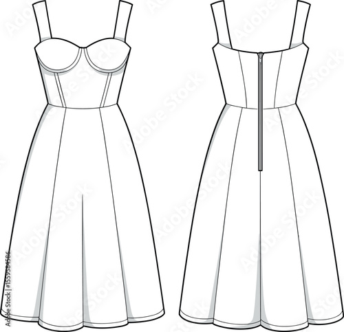 Elegant Women's Midi A-Line Dress with a Sweetheart Neckline and Shoulder Straps, a Fashionable Apparel Vector Illustration