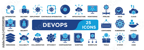 DEVOPS icon collection set. Containing integration,delivery,deployment,continuous integration,CD,infrastructure,monitoring,pipeline,agile,cloud icon. dual tone vector.	