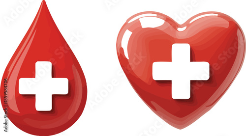Red hearts and blood drop with white plus sign on a white background