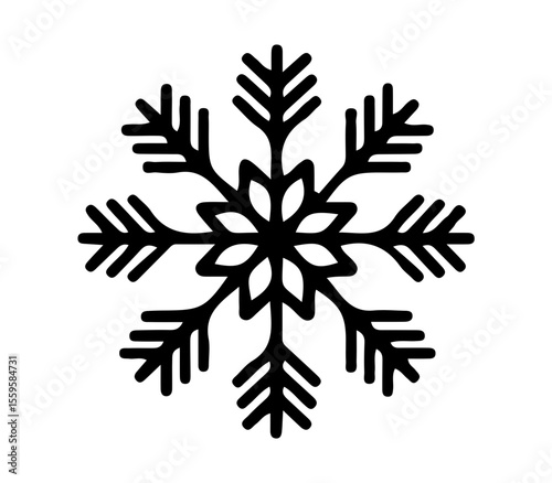 Black icon of a stylized snowflake, symbolizing winter, cold weather, and frosty conditions.  ideal for representing winter, cold weather, snow, ice, holidays, and frosty conditions.