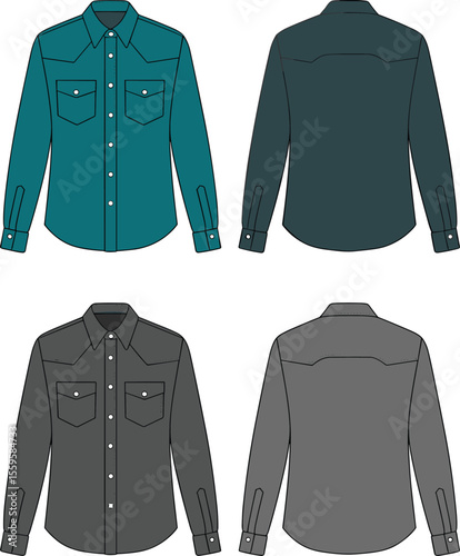 Stylish Men's Long Sleeve Western Shirt with Flap Pockets and Snap Buttons, a Classic Fashion Apparel Vector Illustration