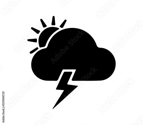 Black icon of a cloud with lightning and a partial sun, symbolizing stormy weather or mixed conditions. 