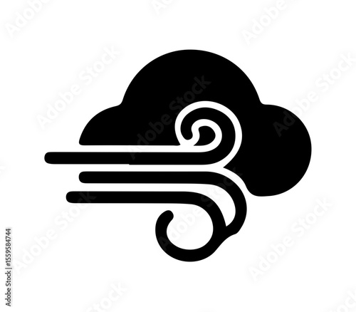 A black icon of a cloud with swirling lines, symbolizing windy weather or strong wind.  This universally recognized graphic is ideal for weather applications, forecasts, and environmental themes