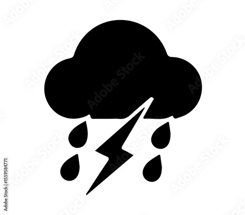 A black icon of a cloud with rain and lightning, symbolizing a thunderstorm or stormy weather. This universally recognized symbol represents a thunderstorm, heavy rain, and stormy weather conditions.