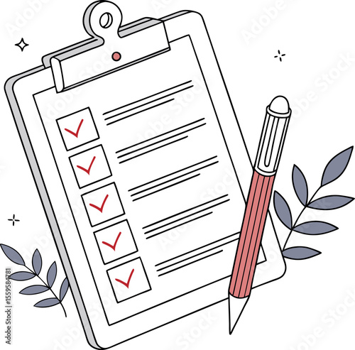A clipboard with a checklist and a pen featuring completed tasks marked with red checkmarks and decorative leaves and sparkles