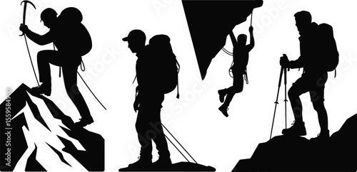 Hiker silhouette vector set with climbing, trekking, summit, and resting poses for adventure, outdoor, and travel design