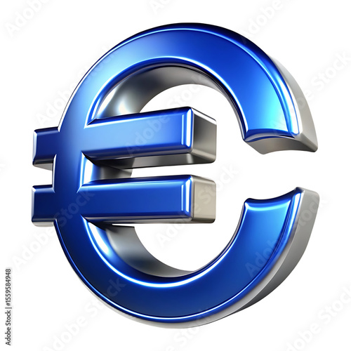 Shiny blue euro symbol with metallic silver accents isolated on transparent background