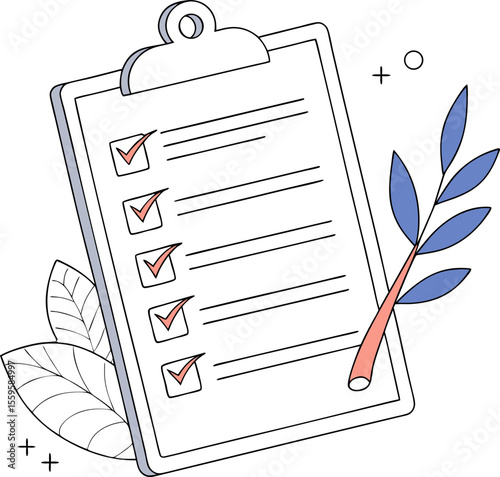 Stylized illustration of a clipboard with a completed checklist and decorative elements like leaves and abstract shapes representing tasks accomplished