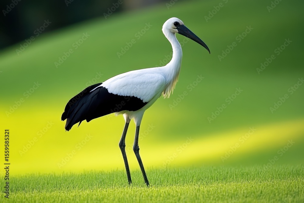 Obraz premium Oriental stork standing gracefully on lush green grass with vibrant backgrounds in a serene environment, Oriental Stork stands on grass so green, with each movement it causes a scene