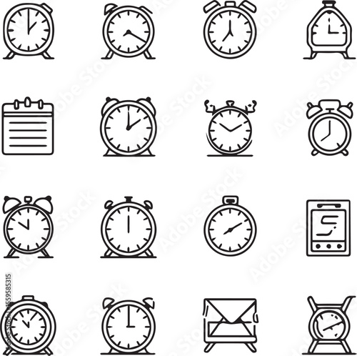  Outline Time, date and location editable stroke set Clock black and white line icons 