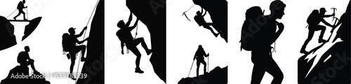 Mountaineering and rappelling silhouette vector with hiking poses and outdoor climbing activity