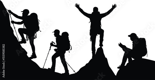 Climber and hiker silhouette vector showing mountain adventure, trekking and summit exploration