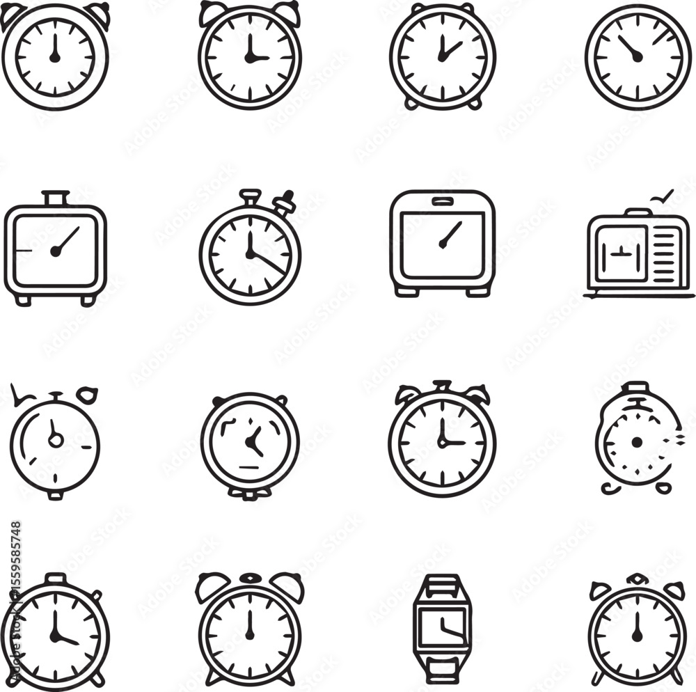 Fototapeta premium Outline Time, date and location editable stroke set Clock black and white line icons 