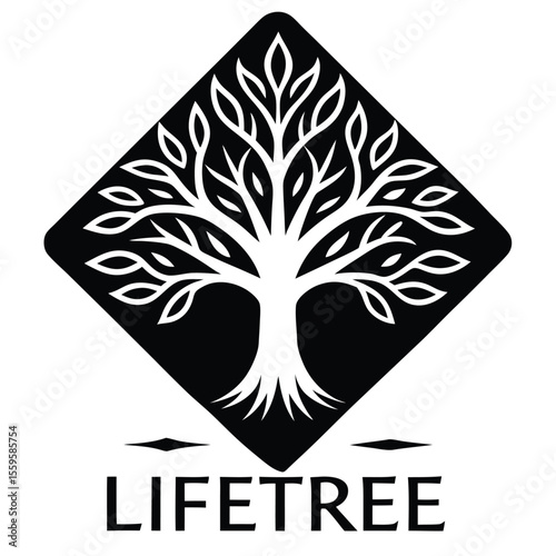 Stylized tree with leaves inside a black diamond shape and text logo white