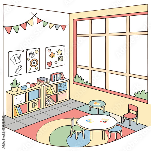 Cozy and colorful cartoon illustration of a bright kindergarten classroom with a large window bookshelves and child sized furniture for learning and play