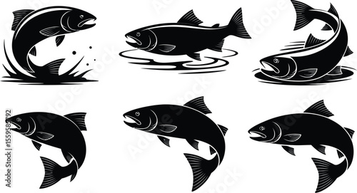 Salmon silhouette vector bundle of fish jumping and swimming in wild ocean nature illustration