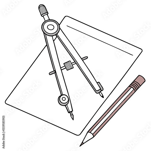 A simple illustration of a drawing compass and a pencil placed on a piece of paper symbolizing geometry and design