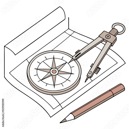 An isometric illustration of a compass drafting compass pencil and rolled blueprint representing navigation design and exploration concepts with a clean white background