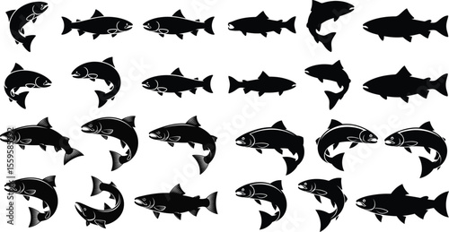Wildlife fish collection vector silhouette including ocean swim and freshwater salmon jump