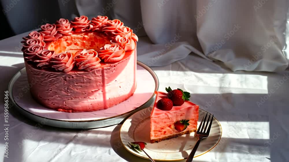 A beautifully decorated strawberry cake with rose icing, served with a slice on a plate, in soft natural light