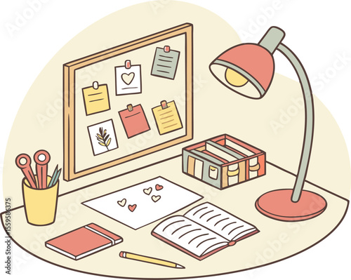 Cozy and organized desk setup with a bulletin board desk lamp open book notebook pencil scissors and a pen holder filled with stationery for creative work