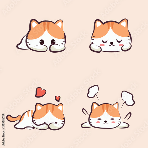 A set of four cartoon gingerandwhite cats in different poses on a light pink background