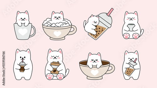 Cartoon image 8 cute white cats depicted in or with various drinks